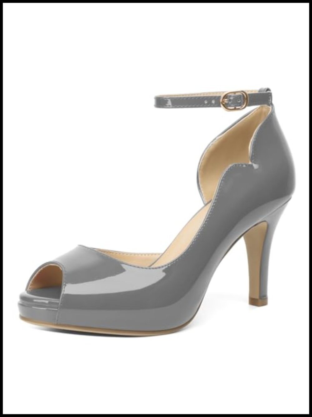 Faux Leather Peep Toe Platform Pumps with Ankle Strap 3.4" Heel